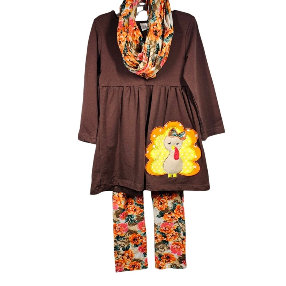 Thanksgiving Turkey 3-Piece Outfit for Little Girl Dress  Leggings and Scarf XXL
